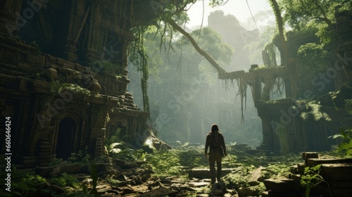 Man in a ruin of an ancient city invaded by the jungle photo
