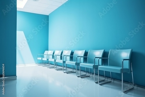Minimalist chairs accentuating blue wall in hospital waiting area. Generative AI © Clio