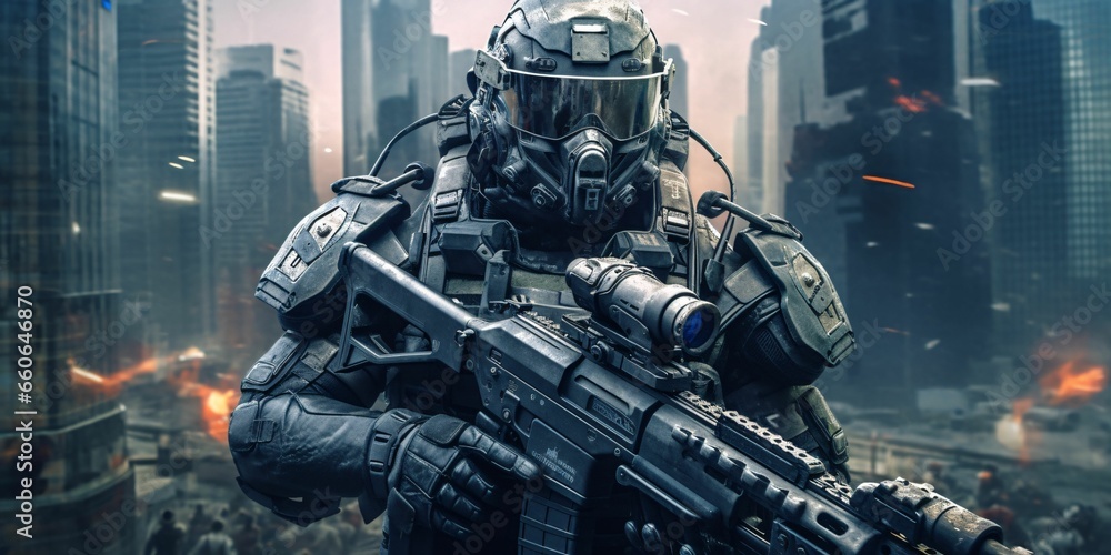 Fototapeta premium Futuristic Soldier Holding Gun in a Destroyed City. Science Fiction Background