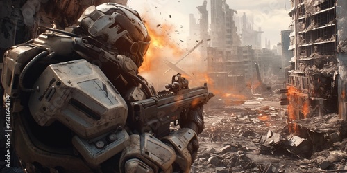 Futuristic Soldier Holding Gun in a Destroyed City. Science Fiction Background