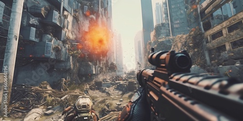 Futuristic Soldier Holding Gun in a Destroyed City. Science Fiction Background