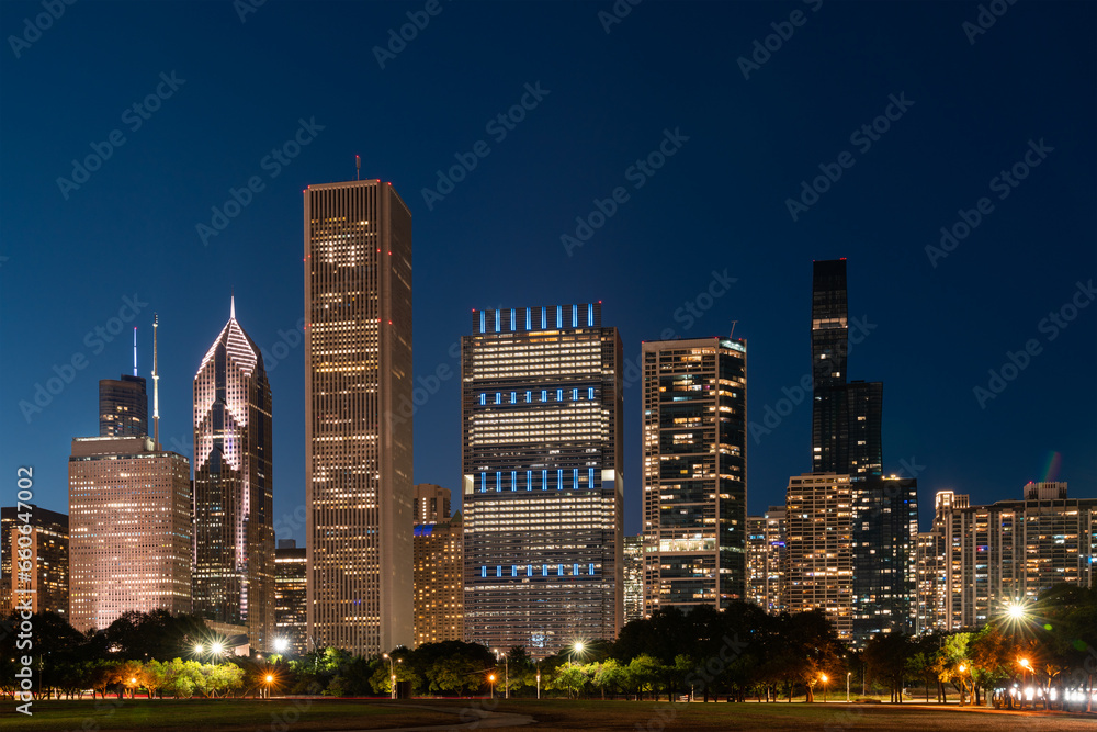Chicago skyline panorama from Park at night time. Chicago, Illinois, USA. Skyscrapers of financial district, a vibrant business neighborhood.