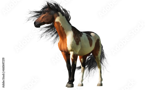 A pinto horse is one that has a coat color characterized by large patches of white and another color, commonly black or brown. Tobiano is the most common pinto pattern. 3D Rendering. photo