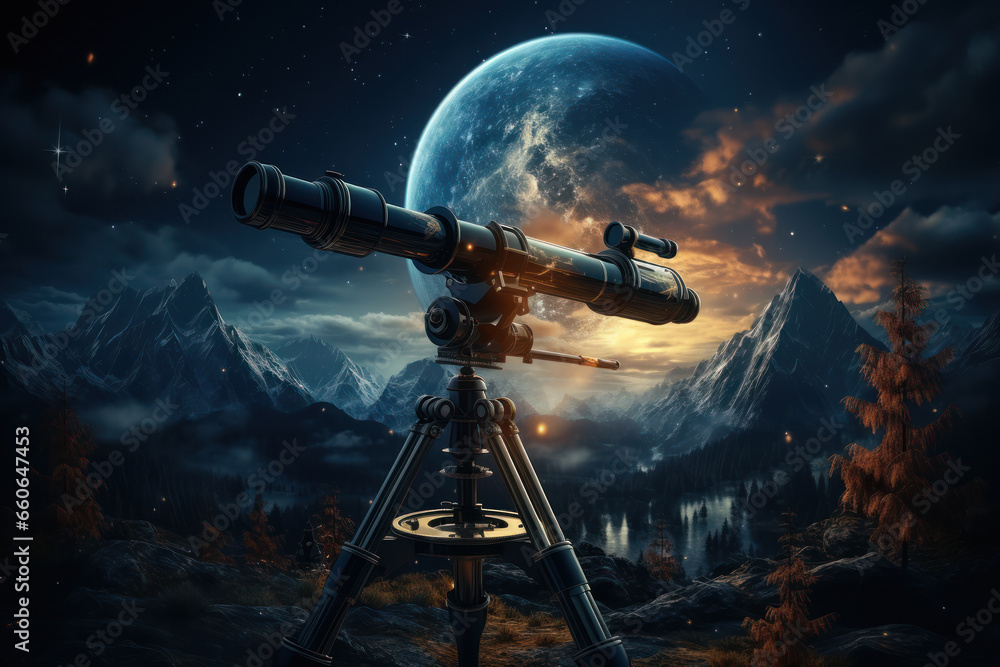 Astronomers gazing at the night sky through telescopes, probing the cosmos for astronomical knowledge. Concept of celestial observation. Generative Ai. Astronomers gazing at the night sky through telescopes, probing the cosmos for astronomical knowledge. Concept of celestial observation. Generative Ai.