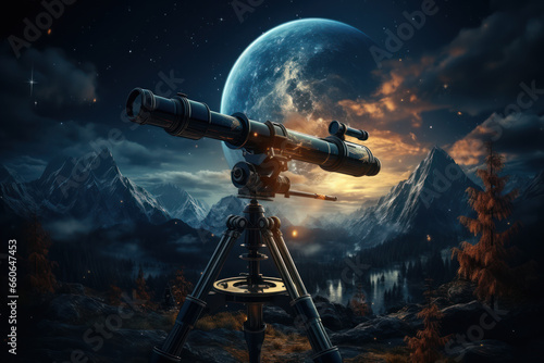 Astronomers gazing at the night sky through telescopes, probing the cosmos for astronomical knowledge. Concept of celestial observation. Generative Ai.
