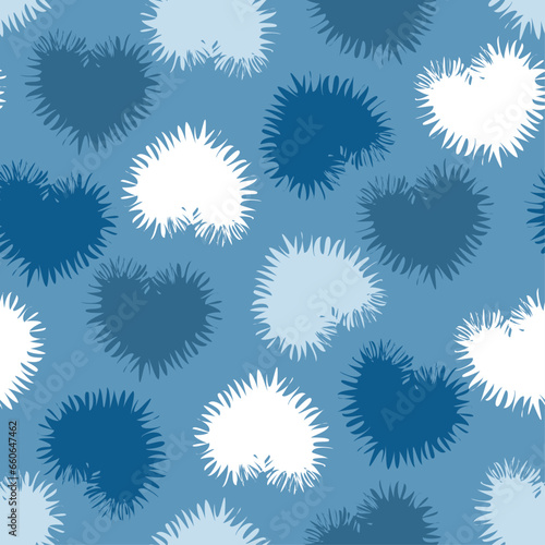Seamless pattern with frosty abstract hearts. Silhouettes of shapes with sharp icy edges. Vector graphics.