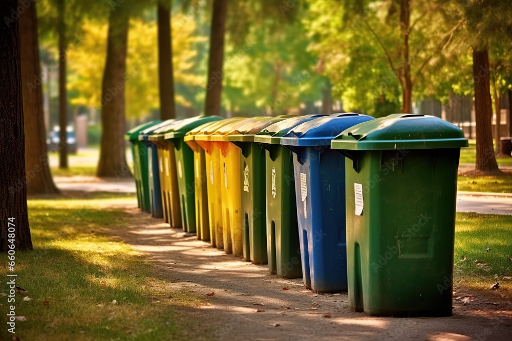 A shot of a row of recycling bins in a well - maintained city park, Generative AI A shot of a row of recycling bins in a well - maintained city park, Generative AI