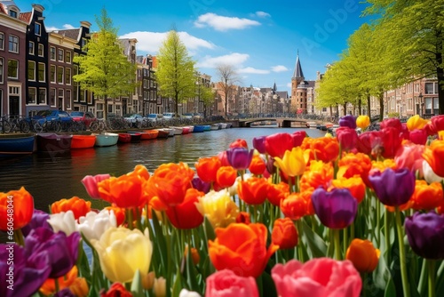 Vibrant tulips complemented by scenic Amsterdam canals. Generative AI