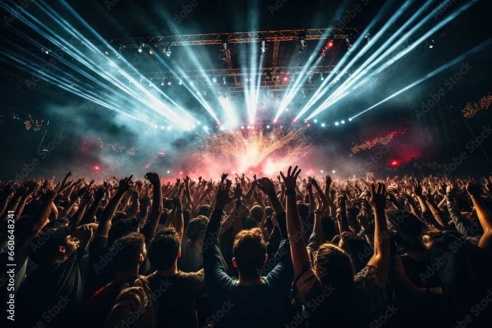 Crowd of concert audience people cheering at large venue