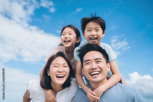Young happy Asian family with 2 kids smiling lookin up blue sky photo