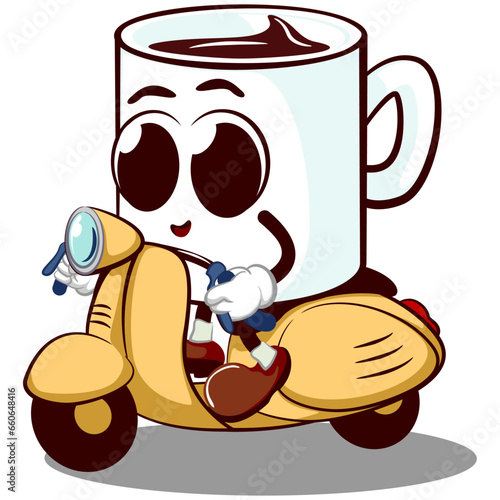vector mascot character of a cute mug is riding a scooter