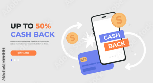 Cash back landing page with gold coins, phone, credit card, percentage sign. Online payment transaction, money saving. Vector illustration isolated on light background, modern flat cartoon style.