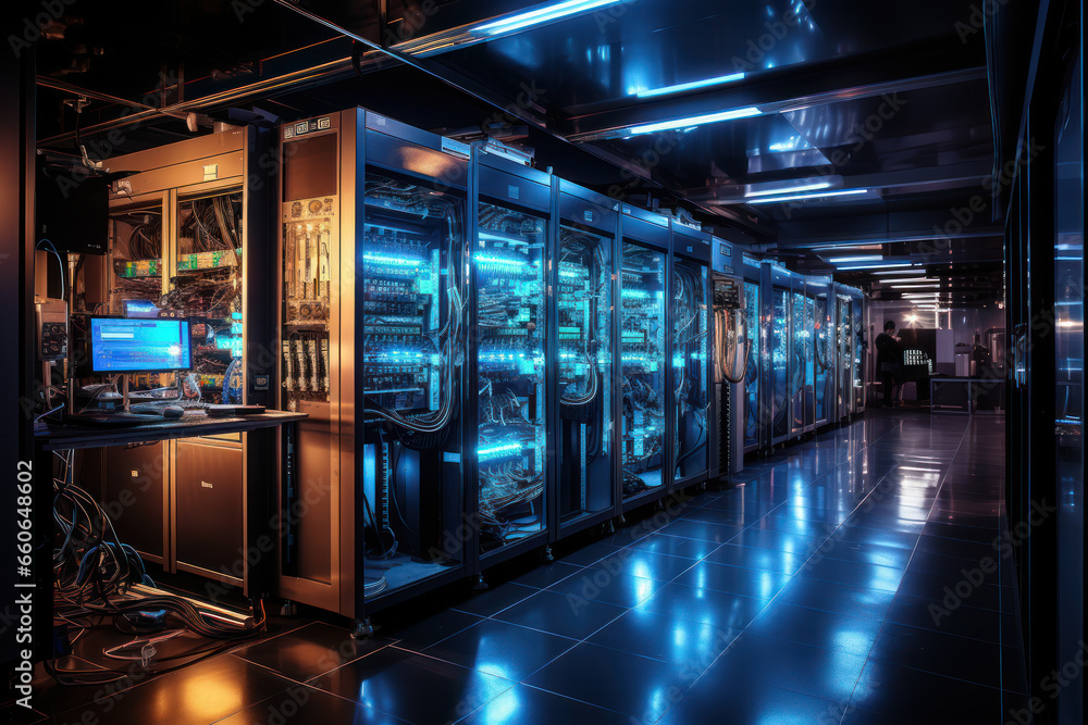 A computer server room with rows of machines, highlighting the infrastructure behind digital knowledge storage. Concept of data centers. Generative Ai. A computer server room with rows of machines, highlighting the infrastructure behind digital knowledge storage. Concept of data centers. Generative Ai.