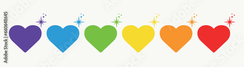Rainbow hearts, shine, stars, sparkle, glitter. LGBT Lesbian, gay, transgender, bisexual concept. Pride icon. Color vector. Love, happy, party, ligth symbol