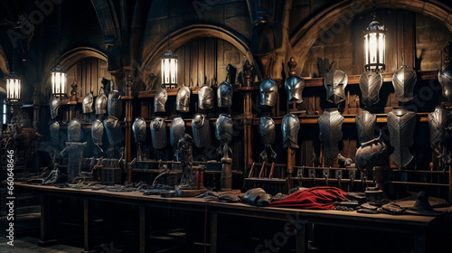 Inside a medieval castle's armory, hyper - realistic, detailed shot of weapons, shields, and armor on wooden racks, illuminated by torchlight photo