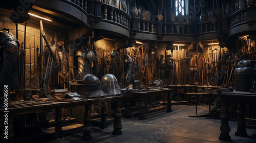 Inside a medieval castle's armory, hyper - realistic, detailed shot of weapons, shields, and armor on wooden racks, illuminated by torchlight