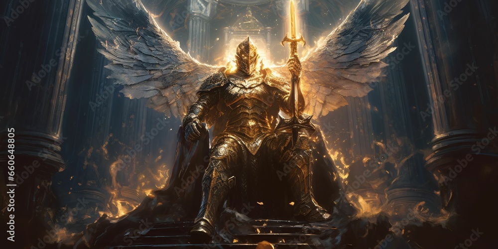 Golden Angel Knight with Full Armor and Sword. Heaven Guardian - obrazy, fototapety, plakaty 