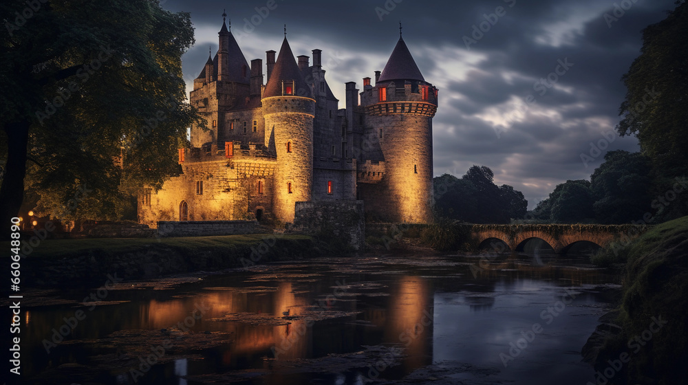 medieval castle at dusk, surrounded by a moat, stone walls intact, torches lit, warm ambient lighting