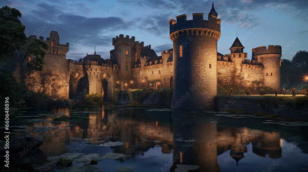 medieval castle at dusk, surrounded by a moat, stone walls intact, torches lit, warm ambient lighting