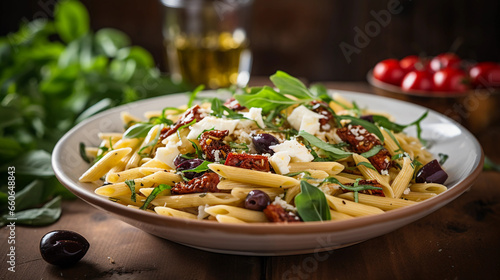 Penne pasta salad with sun - dried tomatoes, olives, and feta cheese, bright and airy atmosphere photo