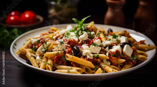 Penne pasta salad with sun - dried tomatoes, olives, and feta cheese, bright and airy atmosphere