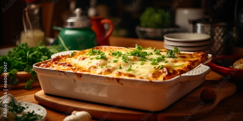 Traditional Italian lasagna in a baking dish, side view, wooden kitchen backdrop, natural sunlight as lighting source Traditional Italian lasagna in a baking dish, side view, wooden kitchen backdrop, natural sunlight as lighting source