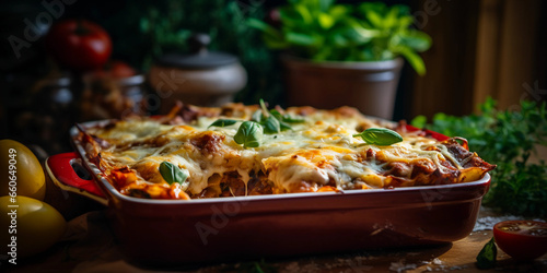 Traditional Italian lasagna in a baking dish, side view, wooden kitchen backdrop, natural sunlight as lighting source