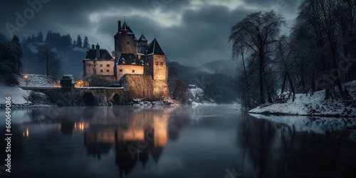 Winter scene of a medieval castle, covered in snow, icy moat, dramatic moonlight filtering through clouds