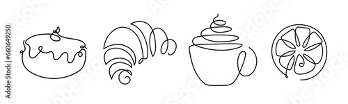 Continuous one line drawing croissant, lemon, donut, hot drink cup. Tea ceremony, tea pastries. Baking shop Logo concept. Hand drawn pastries by one line. Pastry line sketch. Fashionable trend vector