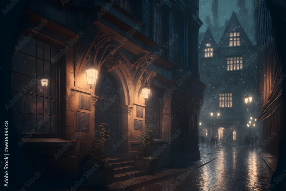 a rainy night street in a fantasy dungeons and dragons city lights in windows octane render dungeons and dragons style 