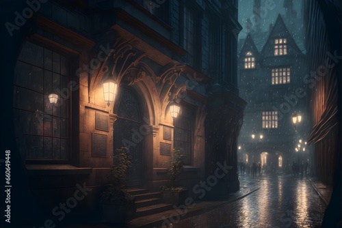 a rainy night street in a fantasy dungeons and dragons city lights in windows octane render dungeons and dragons style 