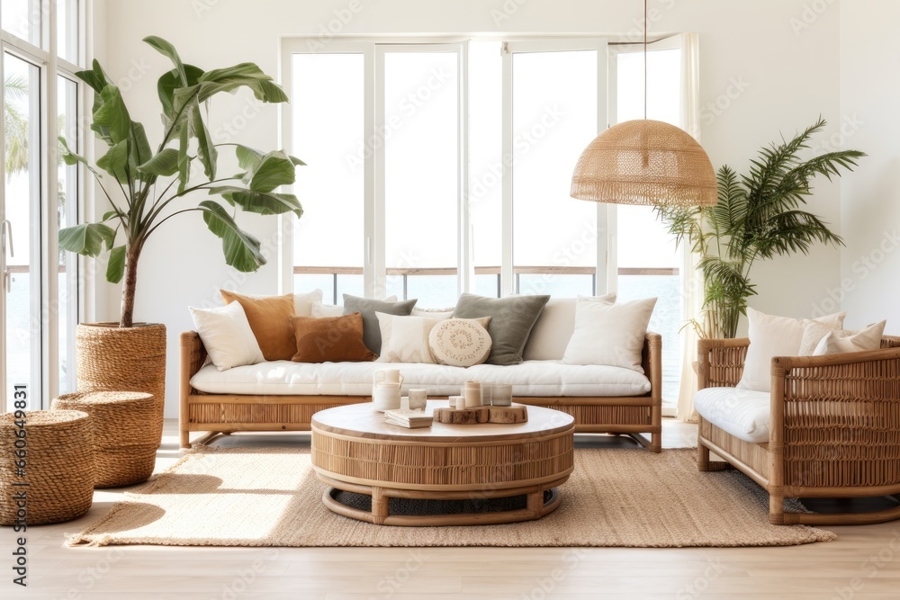 Boho style living room interior with rattan furniture and greenery filled with light Boho style living room interior with rattan furniture and greenery filled with light