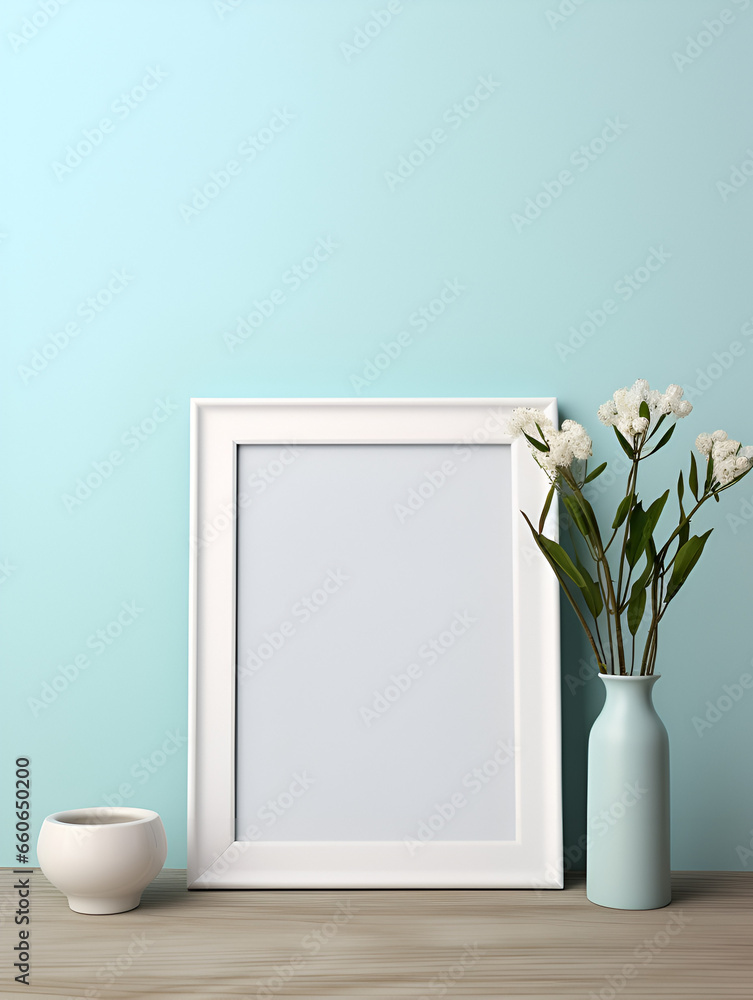 Empty photo frame mock up with flowers in a vase on blue wall Empty photo frame mock up with flowers in a vase on blue wall