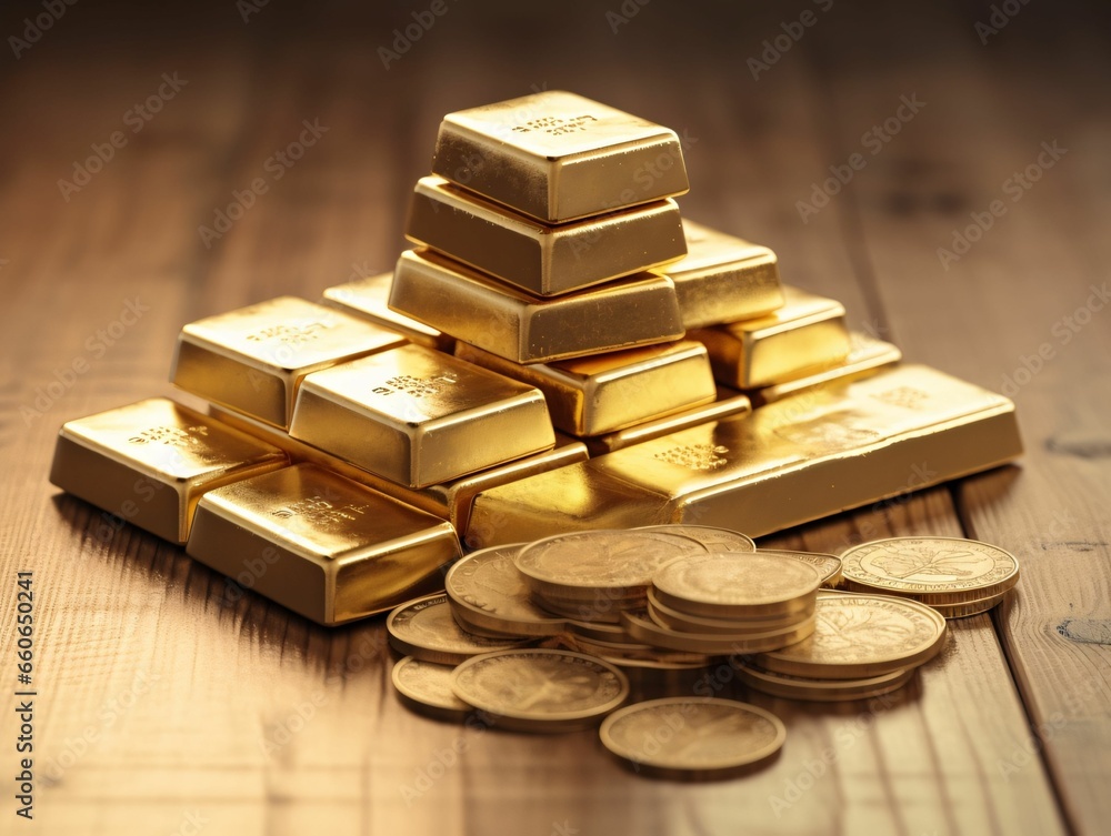 Gold Bars and Coins on a Wooden Table Gold Bars and Coins on a Wooden Table