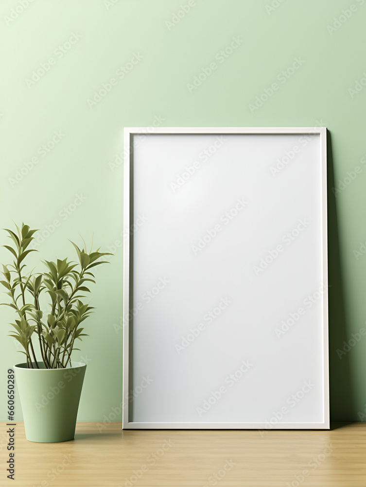 Empty photo frame mock up with green plant in a vase on green wall Empty photo frame mock up with green plant in a vase on green wall