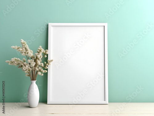 Empty photo frame mock up with flowers in a vase on green wall