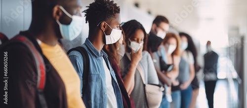 Young people queuing practicing social distancing wearing masks - Normal lifestyle concept photo