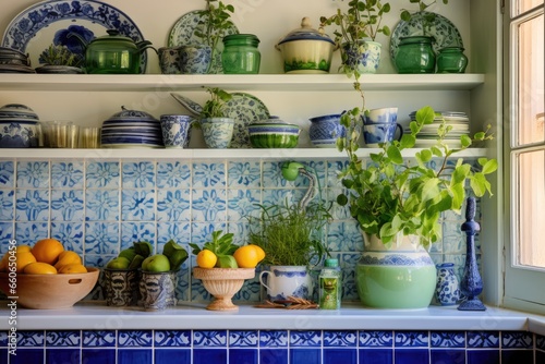 Details of maximalist style kitchen decorated in bright colors, with flowers and mediterranean design elements