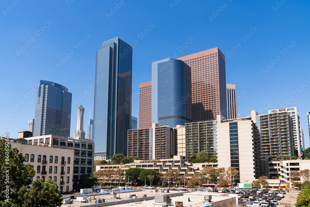 Cityscape of Los Angeles downtown at summer day time, California, USA. Skyscrapers of panoramic city center of LA.