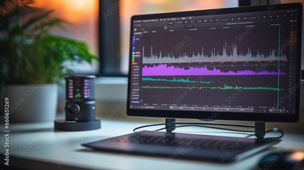 A podcast recording software interface with waveforms on a computer screen, podcast recording, blurred background, with copy space A podcast recording software interface with waveforms on a computer screen, podcast recording, blurred background, with copy space