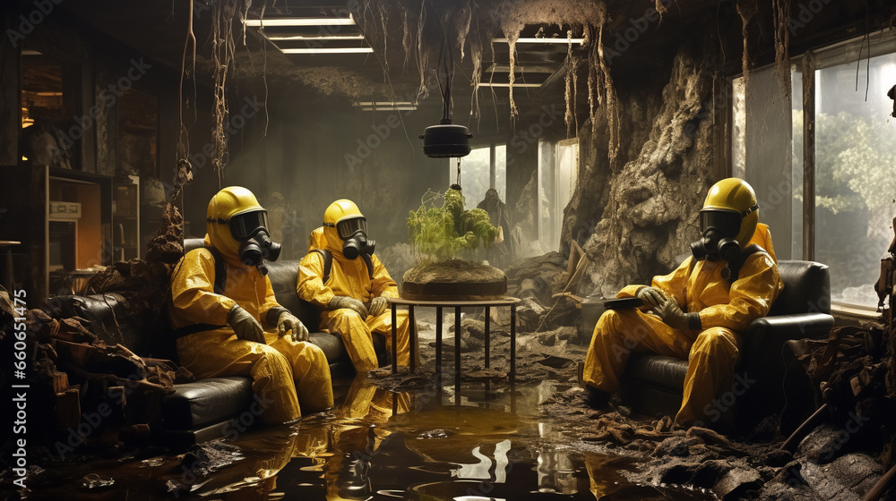Three men in yellow protective suits sitting in a building damaged by flood. Three men in yellow protective suits sitting in a building damaged by flood.