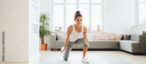 young woman wearing sports t-shirt doing Yoga poses exercises at home