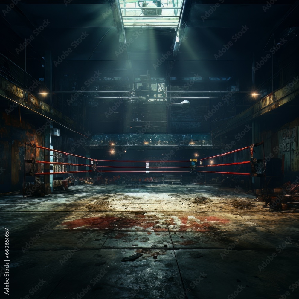 Epic empty boxing ring in the spotlight on the fight night AI - obrazy, fototapety, plakaty 