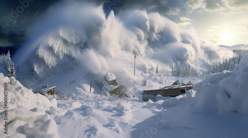 A large snow avalanche falls on fragile wooden buildings on a mountainside.
