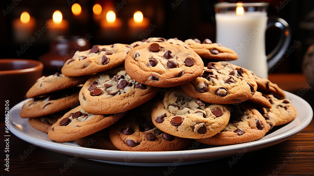 chocolate chip cookies on a tray and milk chocolate chip cookies on a tray and milk