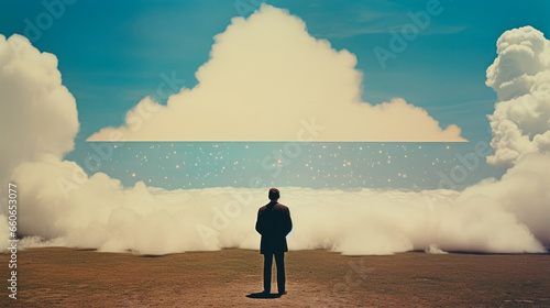 Retro-futuristic portrait of a man standing on the seashore in front of a large white cloud, in the style of vintage '60s futuristic images.