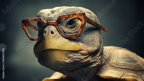 close - up of a old turtle with glasses