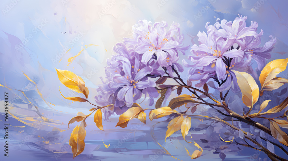 a painting of purple flowers on a blue background.   Painting of a Lemon color flower, Perfect for Wall Art.