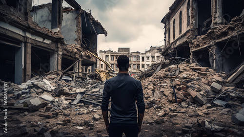 Confronting Tragedy: A Sad Man Amidst Urban Decay after earthquake, Generative AI
