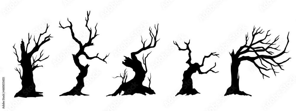 Set of silhouettes of dry trees, bushes. Vector graphics. Set of silhouettes of dry trees, bushes. Vector graphics.